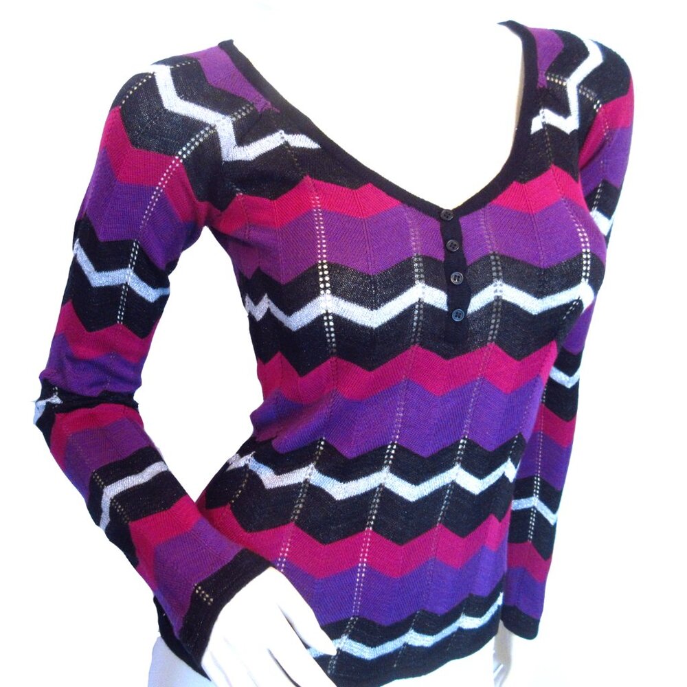 VTG Y2K Buffalo David Bitton Long Sleeve Chevron Purple Glitter Knit Top M Glam